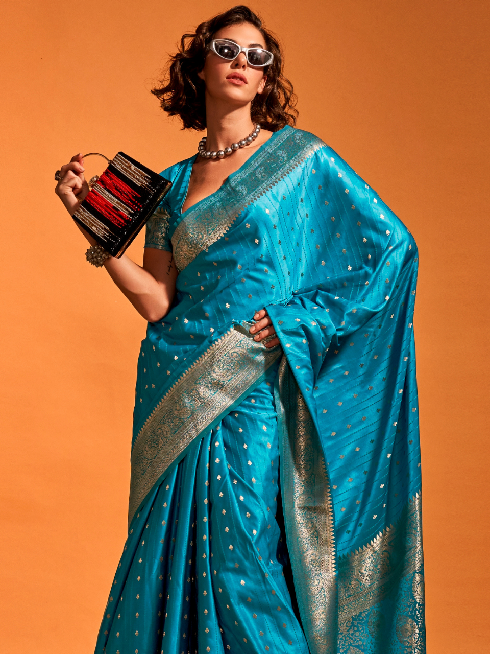 Brilliant Blue Banarasi Satin Silk Saree