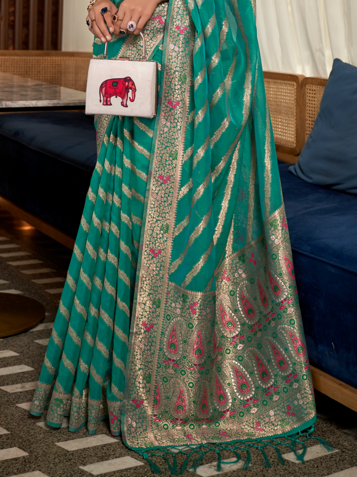 teal organza saree