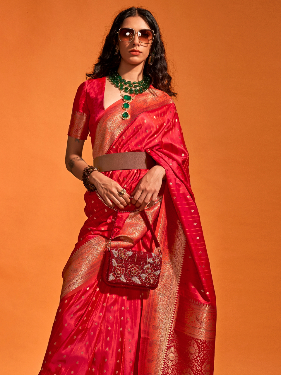 Cherry Red Banarasi Satin Silk Saree