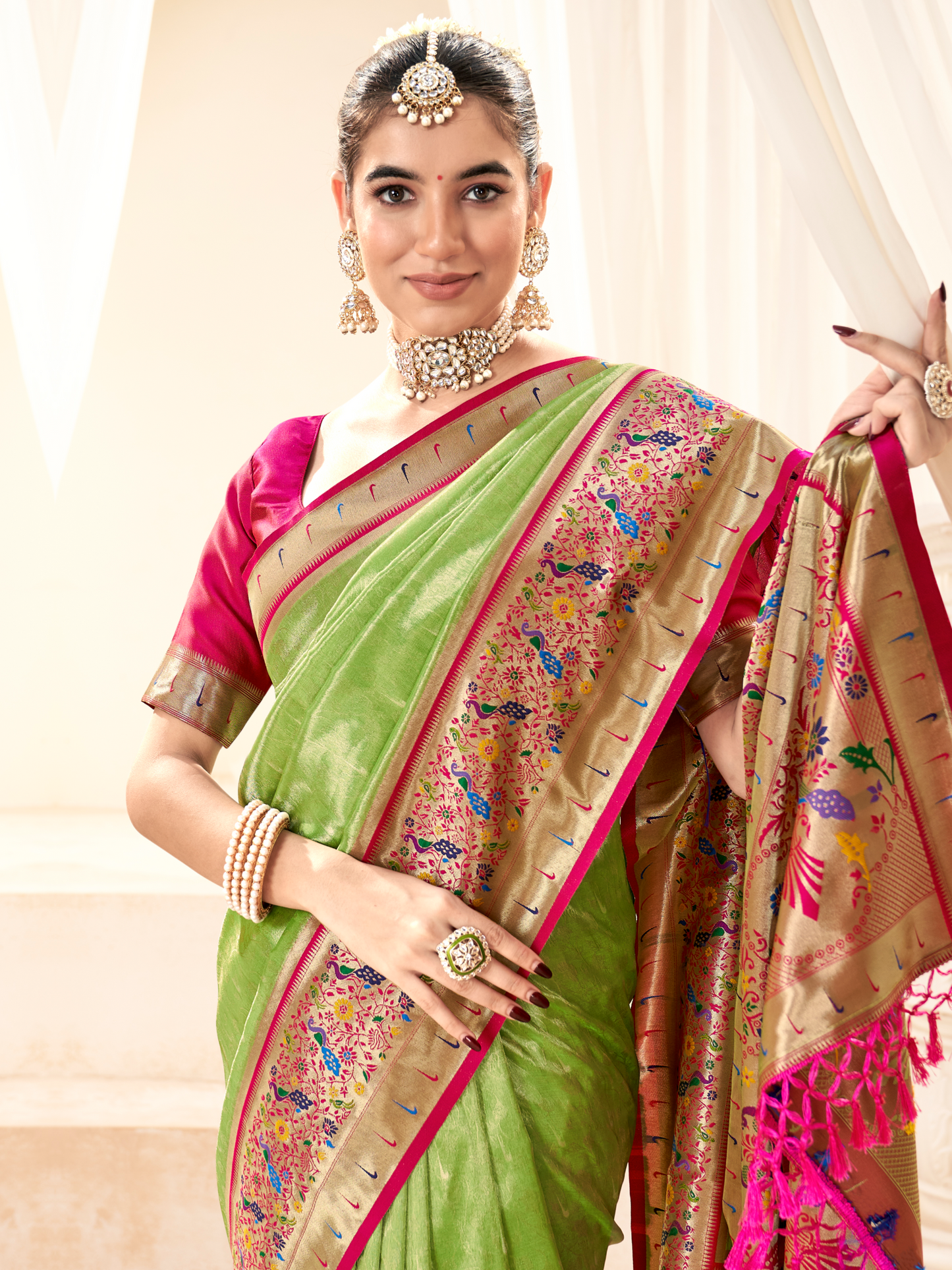 Parrot Green Woven Paithani Tissue Silk Saree