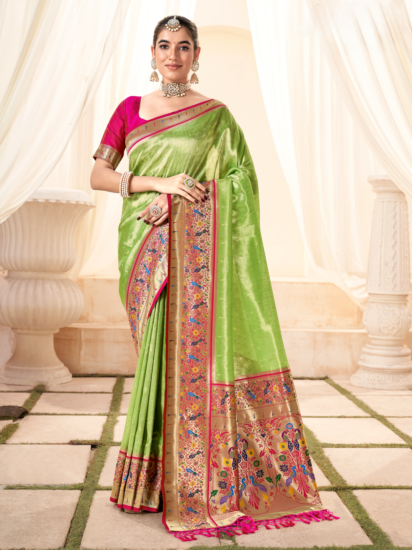 Parrot Green Woven Paithani Tissue Silk Saree