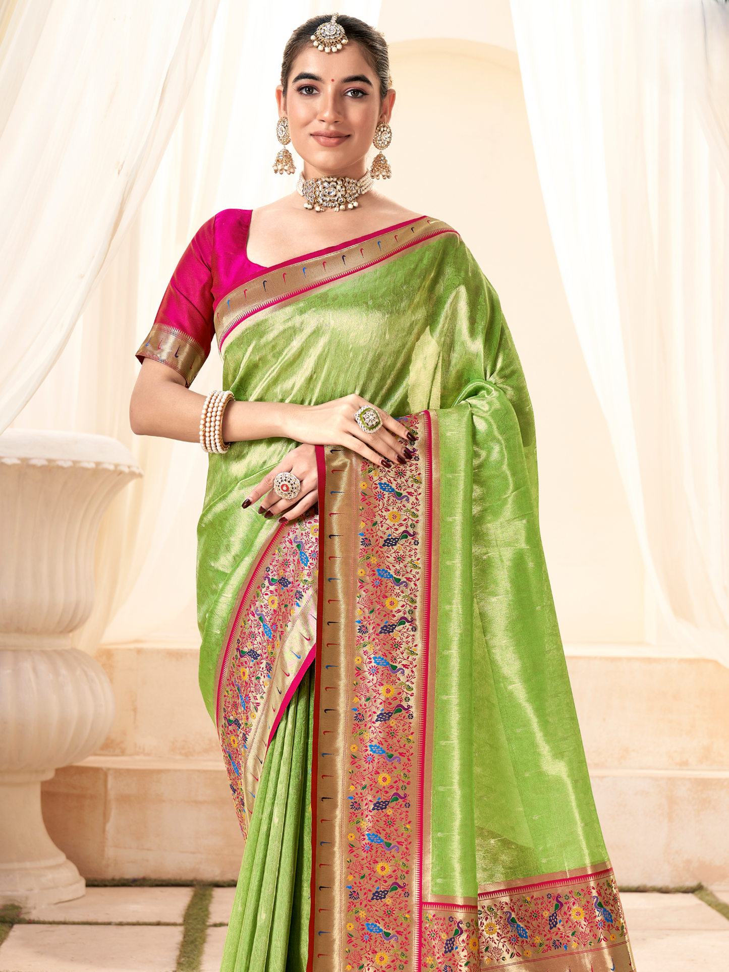 Parrot Green Woven Paithani Tissue Silk Saree