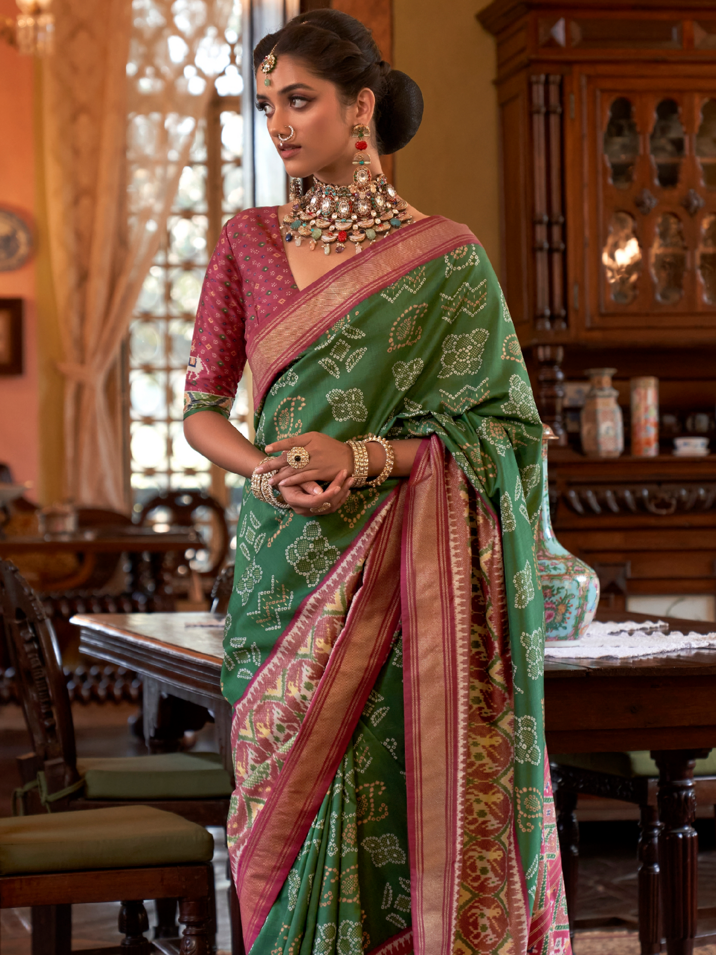 Basil Green Woven Patola Tussar Silk Saree