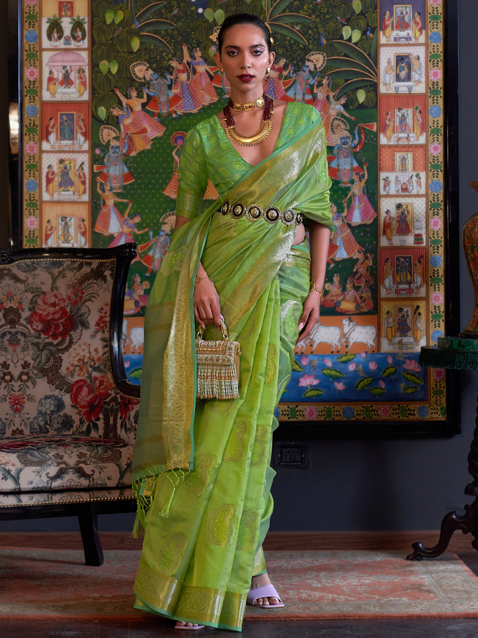 neon green organza saree