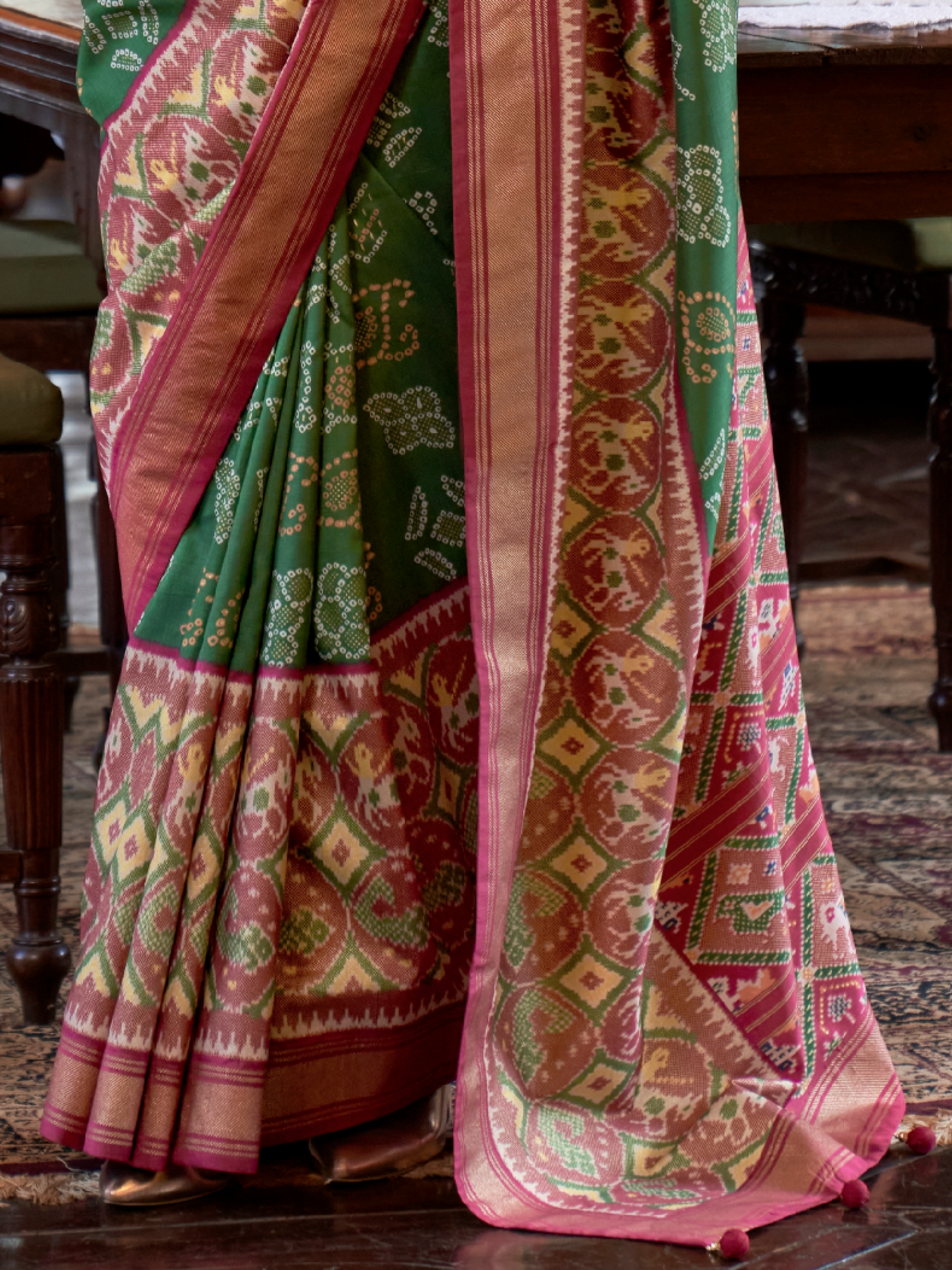 Basil Green Woven Patola Tussar Silk Saree