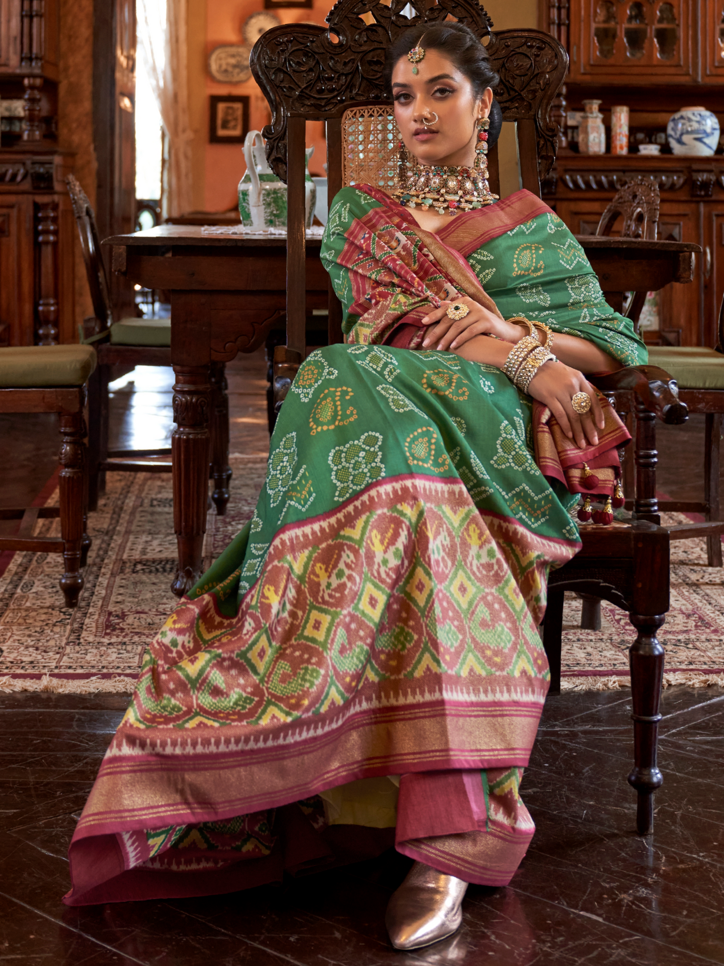 Basil Green Woven Patola Tussar Silk Saree