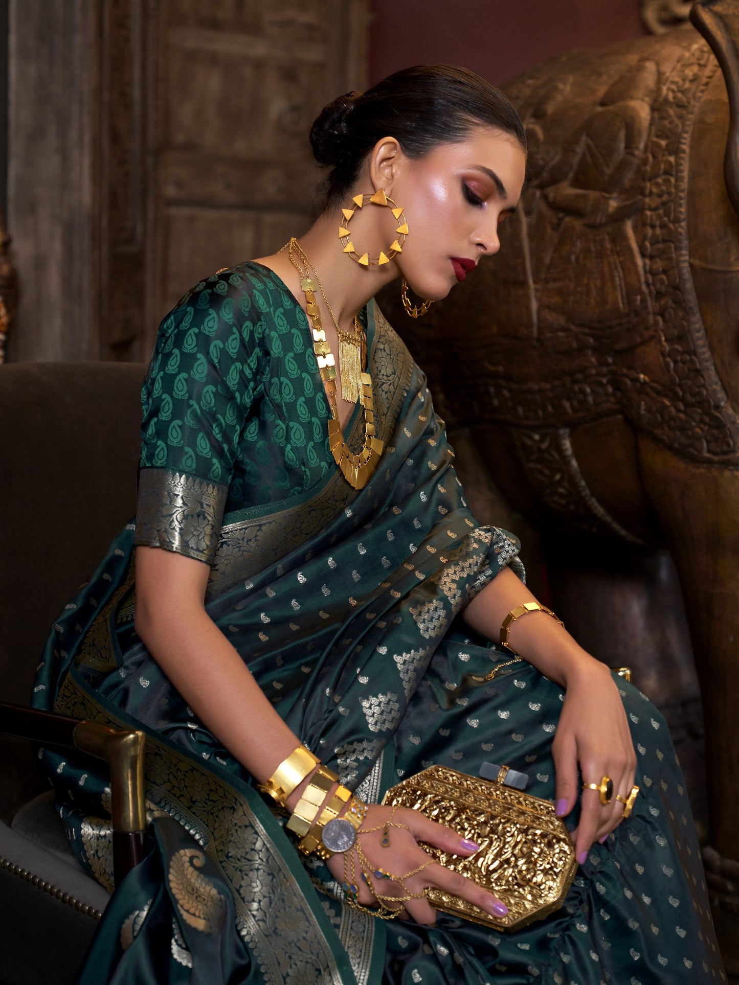 Jungle Green Woven Banarasi Satin Silk Saree