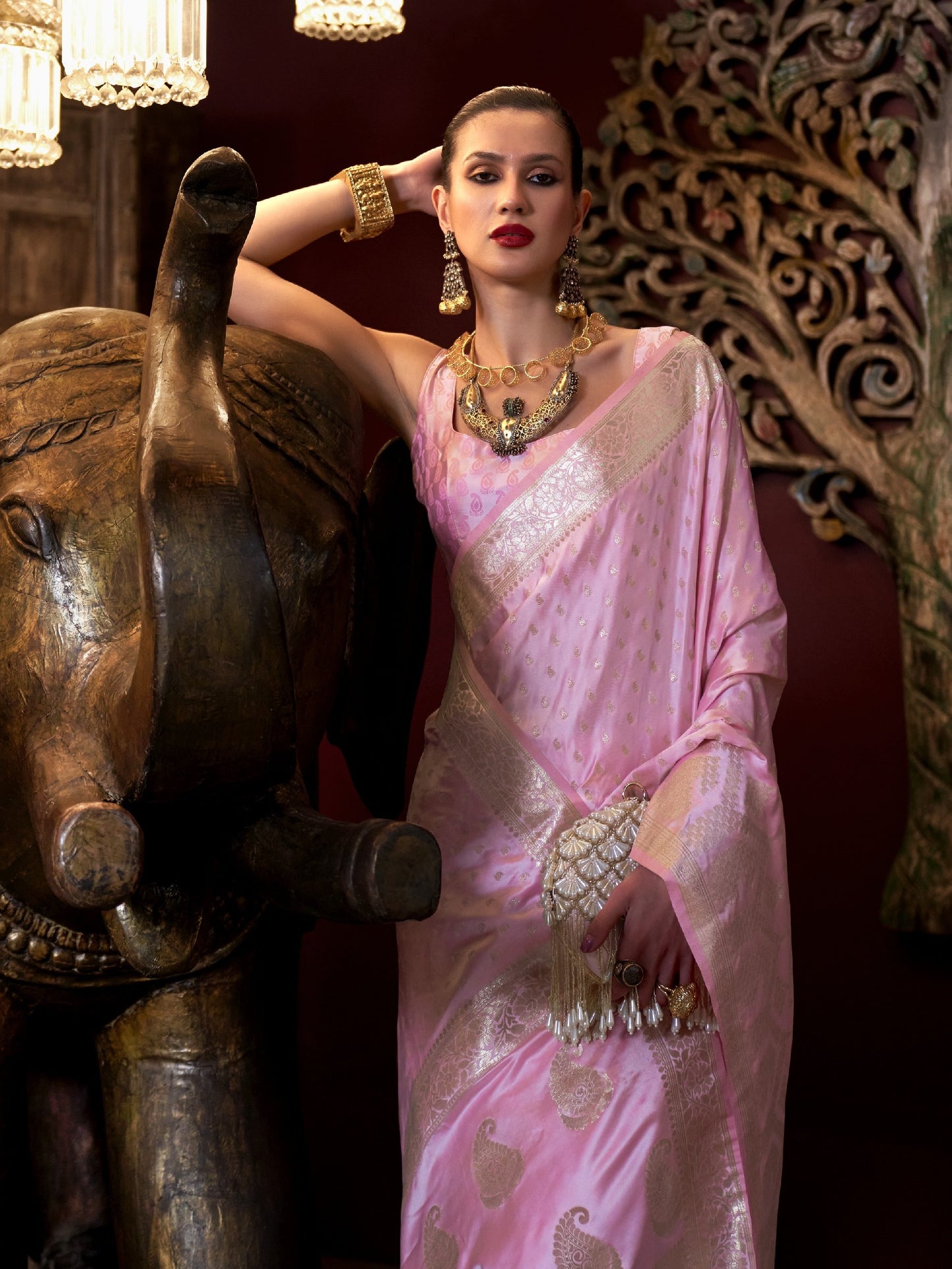 Fresh Pink Woven Banarasi Satin Silk Saree