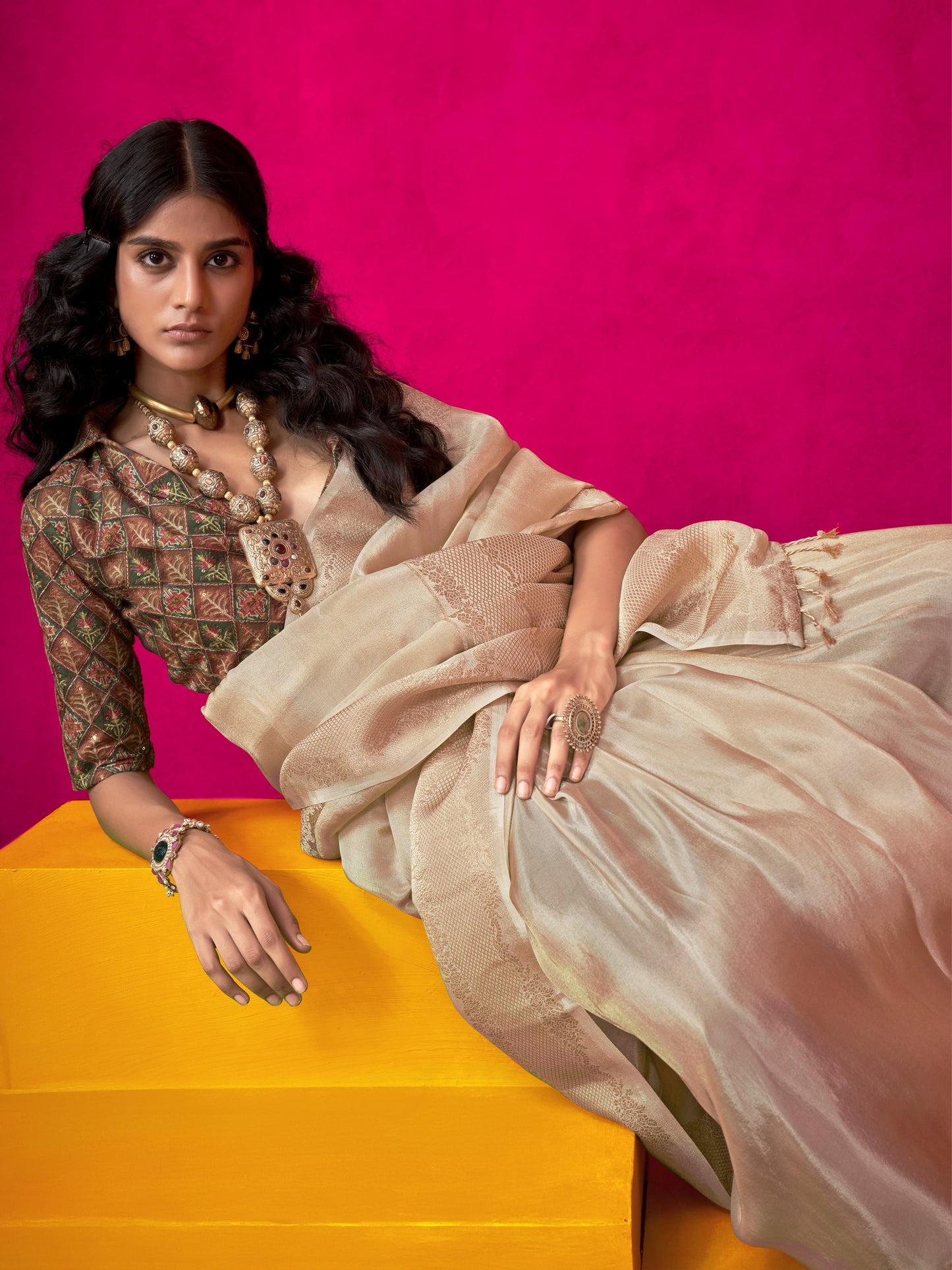 Misty White Zari Woven Tissue Silk Saree with Contrast Blouse