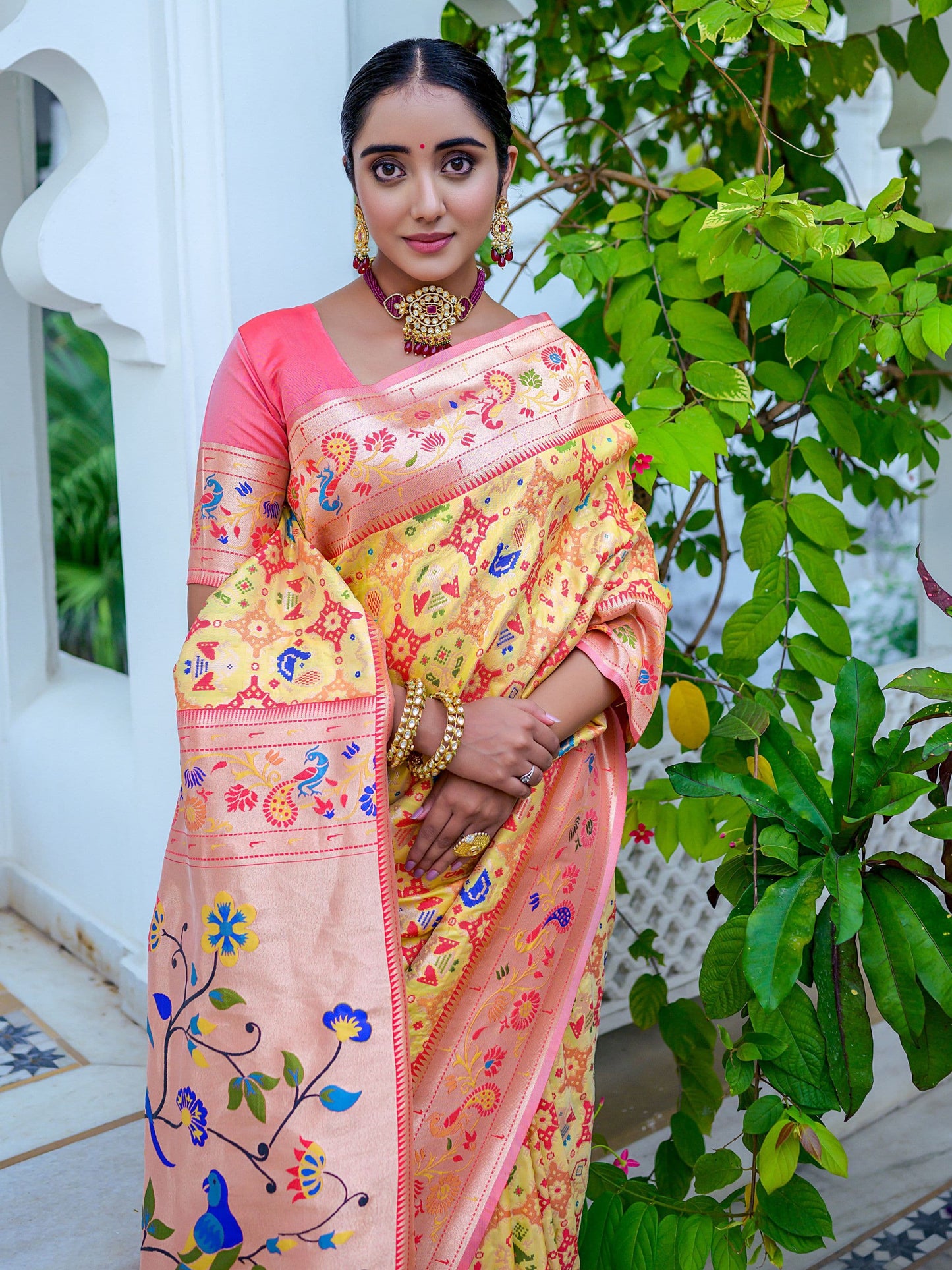 Yellow & Peach Woven Patola Paithani Silk Saree