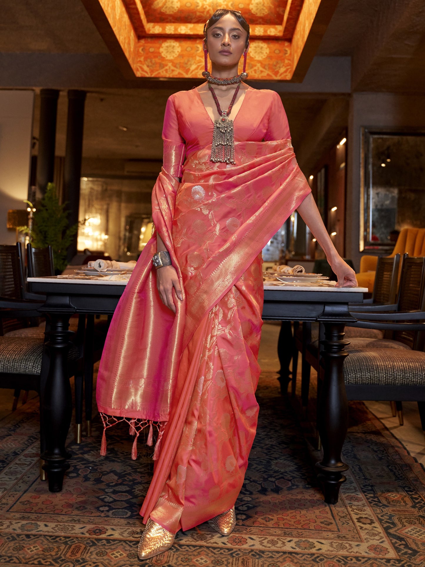 Rose Pink Woven Banarasi Saree