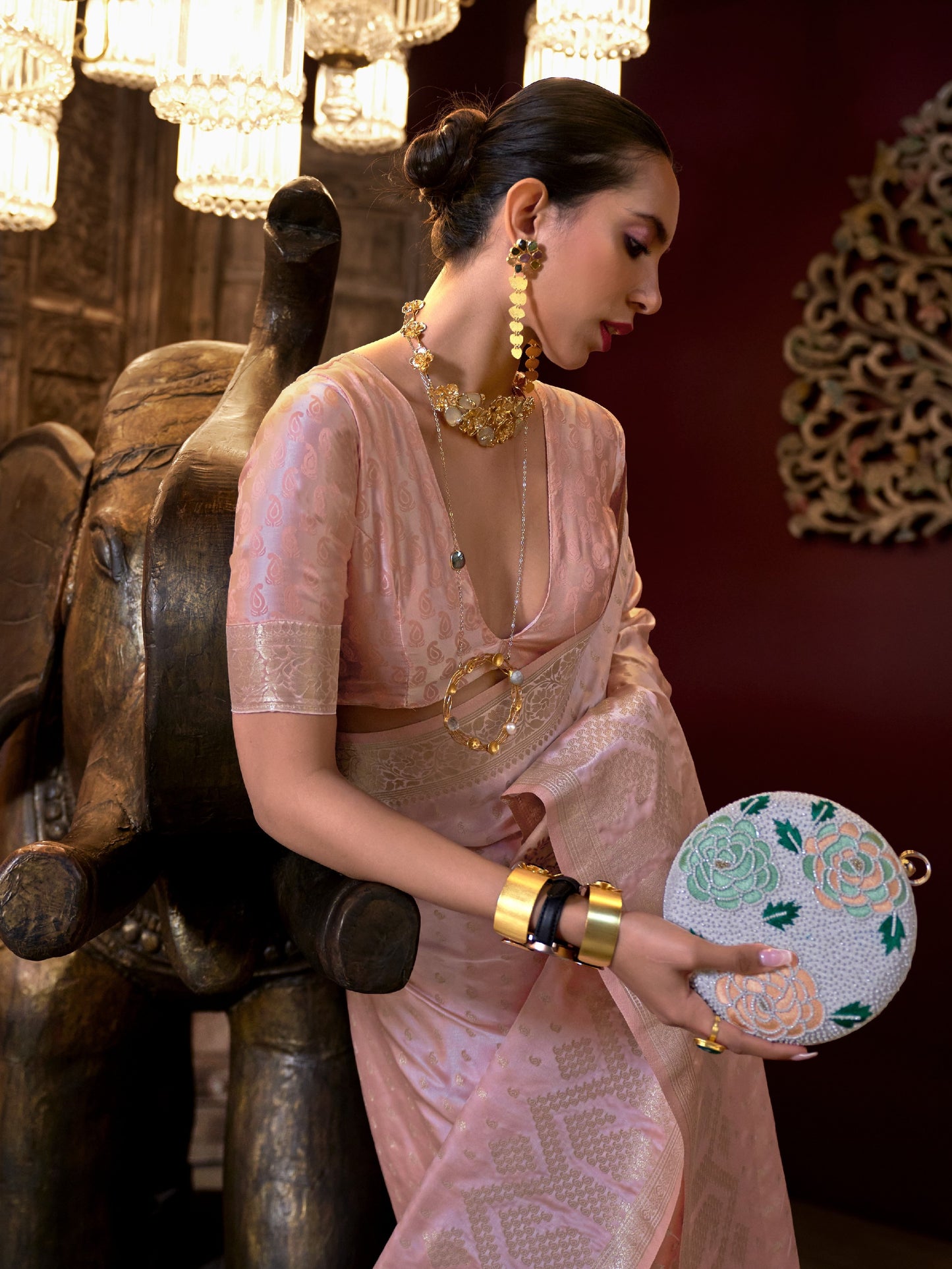 Pastel Pink Woven Banarasi Satin Silk Saree