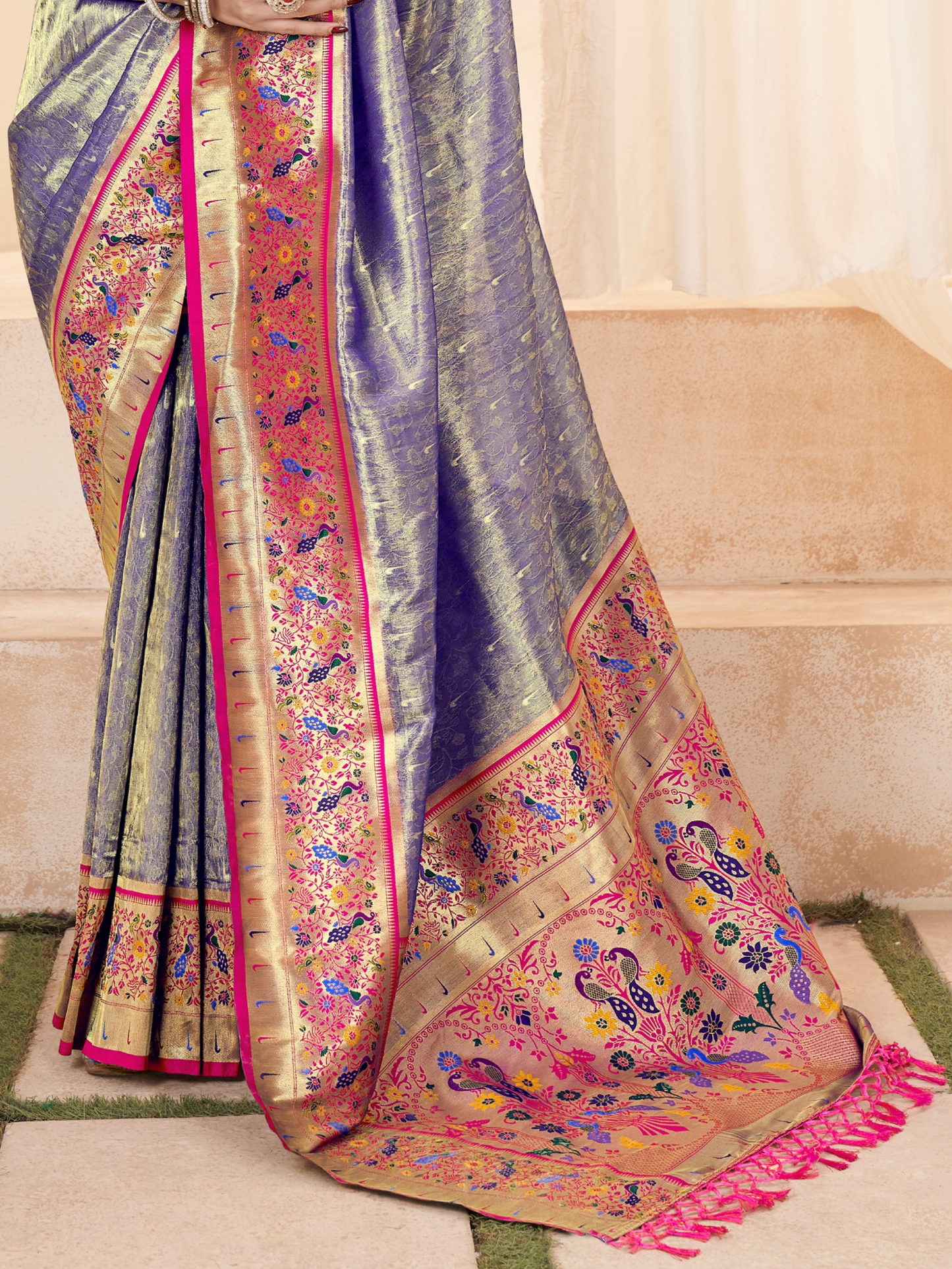 Shining Blue Woven Paithani Tissue Silk Saree