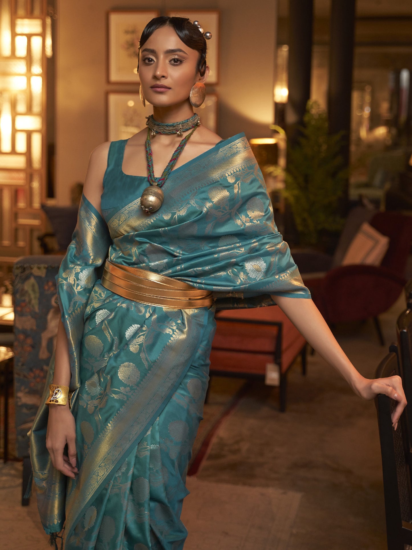 Teal Blue Woven Banarasi Saree