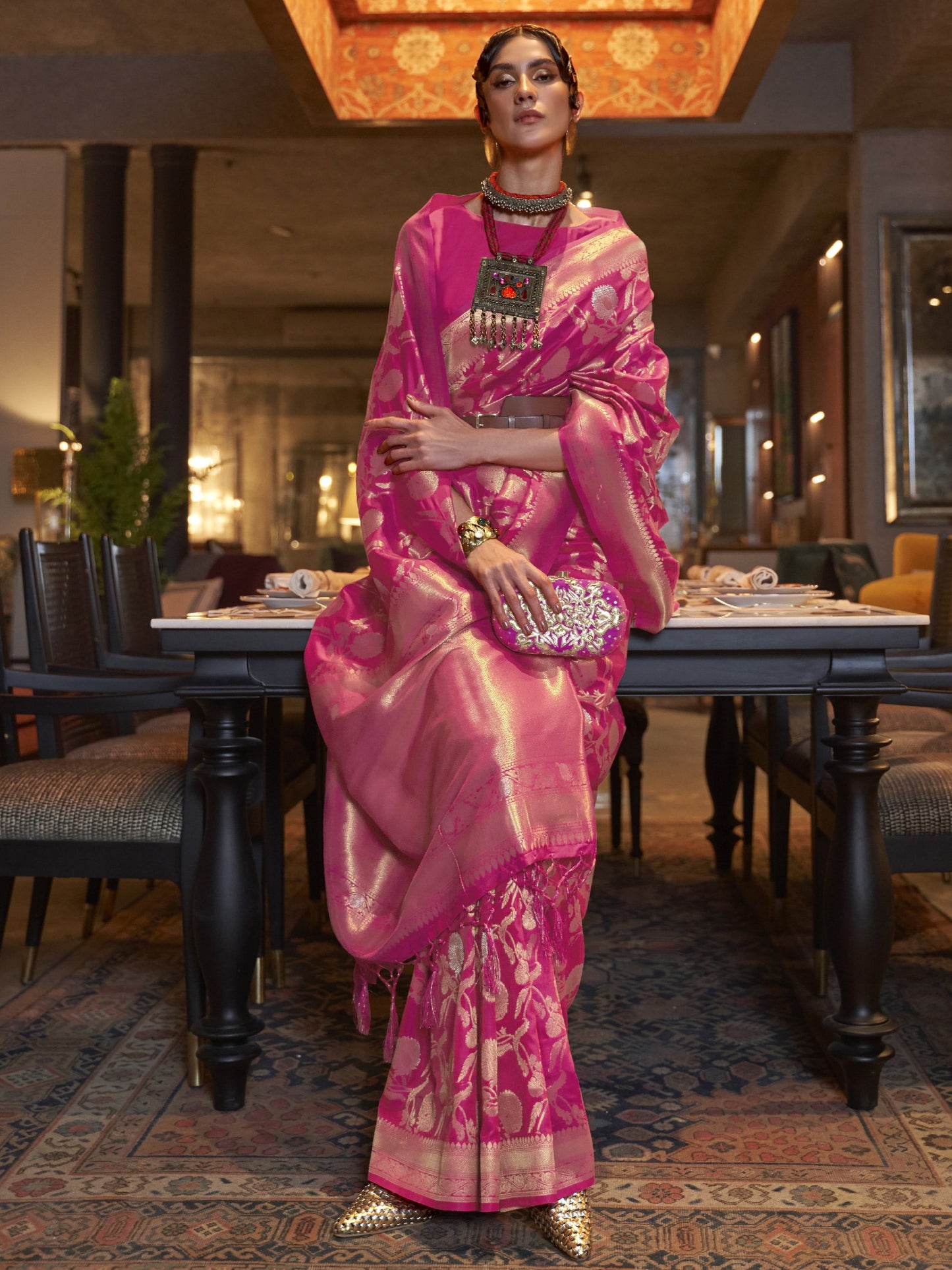 Vivid Pink Woven Banarasi Saree
