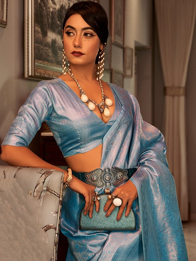 Vivid Blue Woven Kanjivarm Saree
