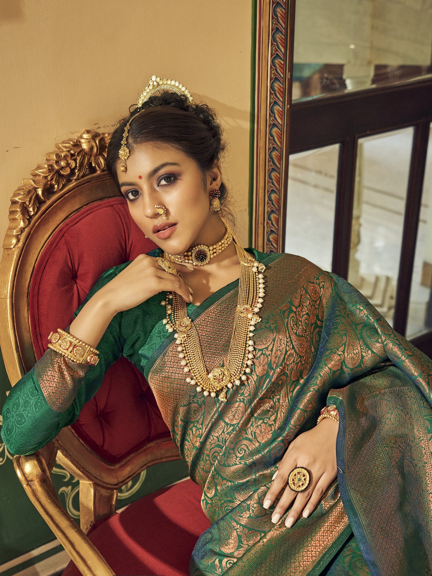 Golden Teal Kanjivaram Saree