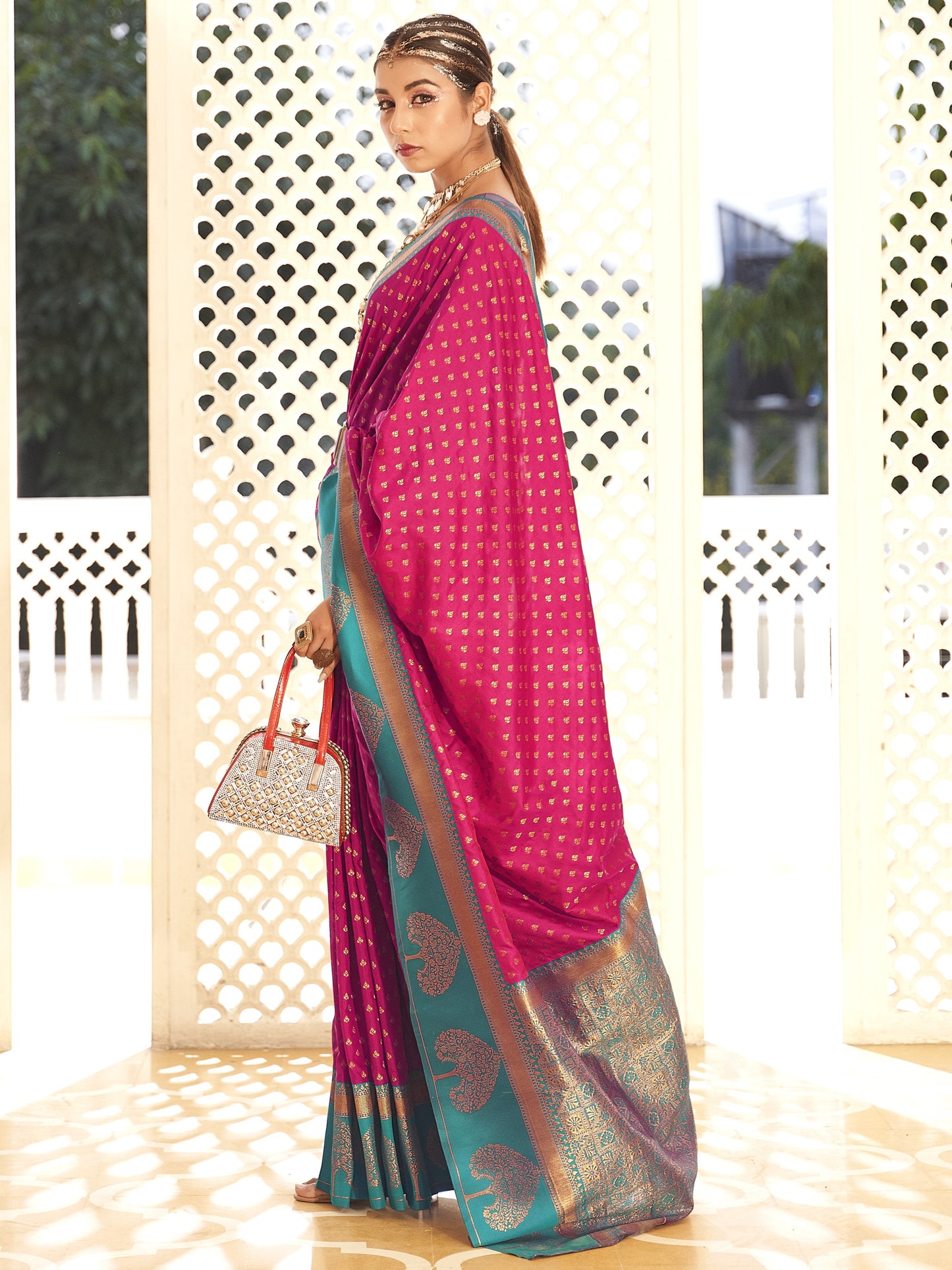 Byzantine Magenta Woven Banarasi Soft Silk Saree