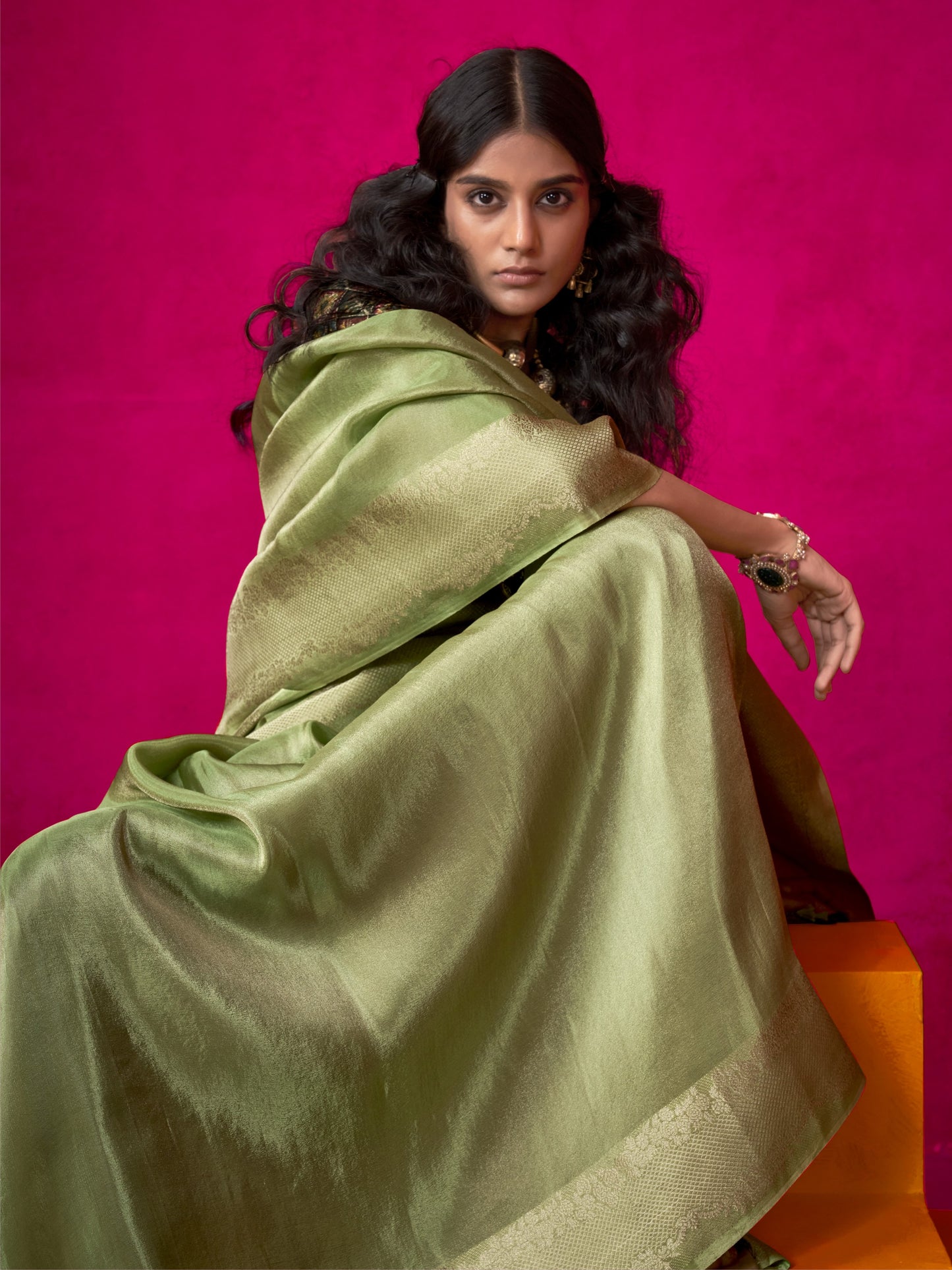 Mantis Green Zari Woven Tissue Silk Saree with Contrast Blouse