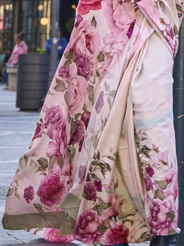 Classy Peach Floral Print Crepe Saree