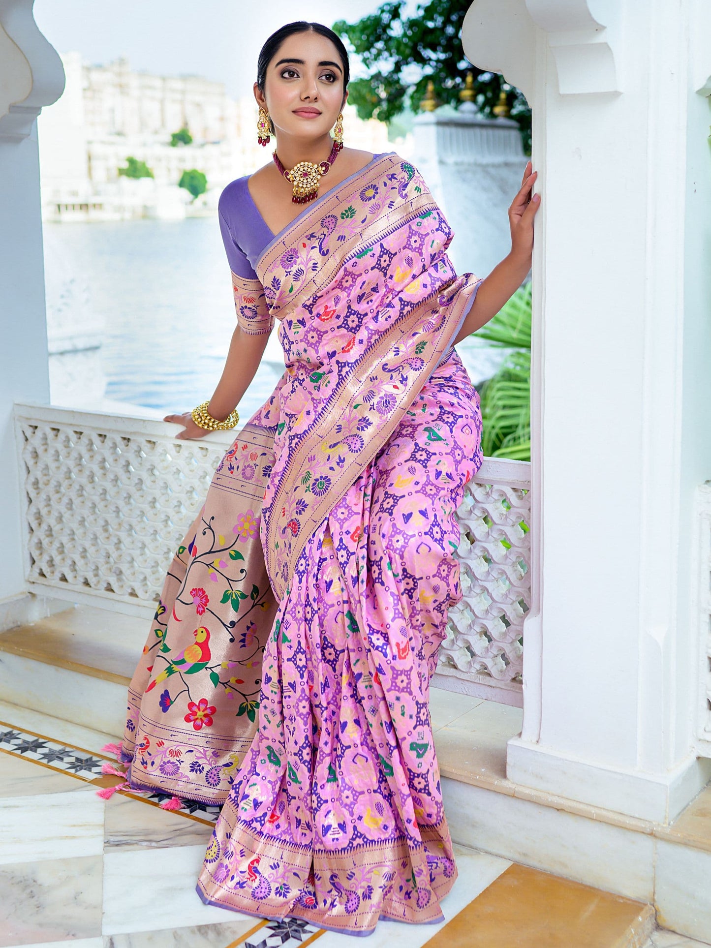 Pink & Lavender Woven Patola Paithani Silk Saree