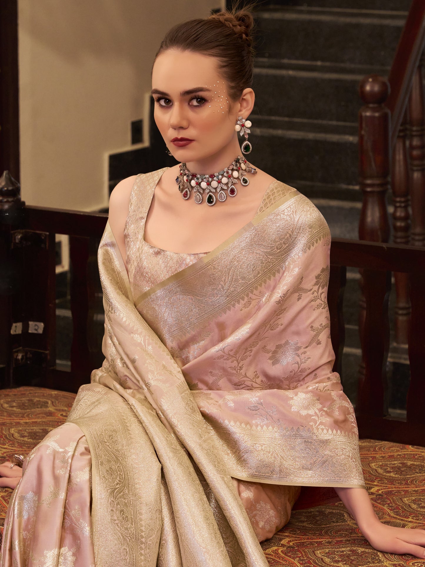 Peachy Pink Woven Banarasi Satin Silk Saree