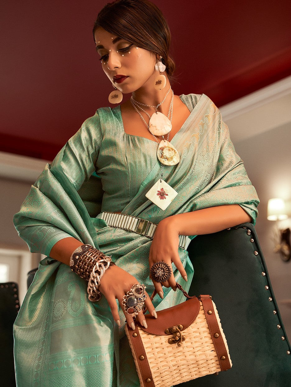 Glass Turquoise Woven Kanjivaram Saree