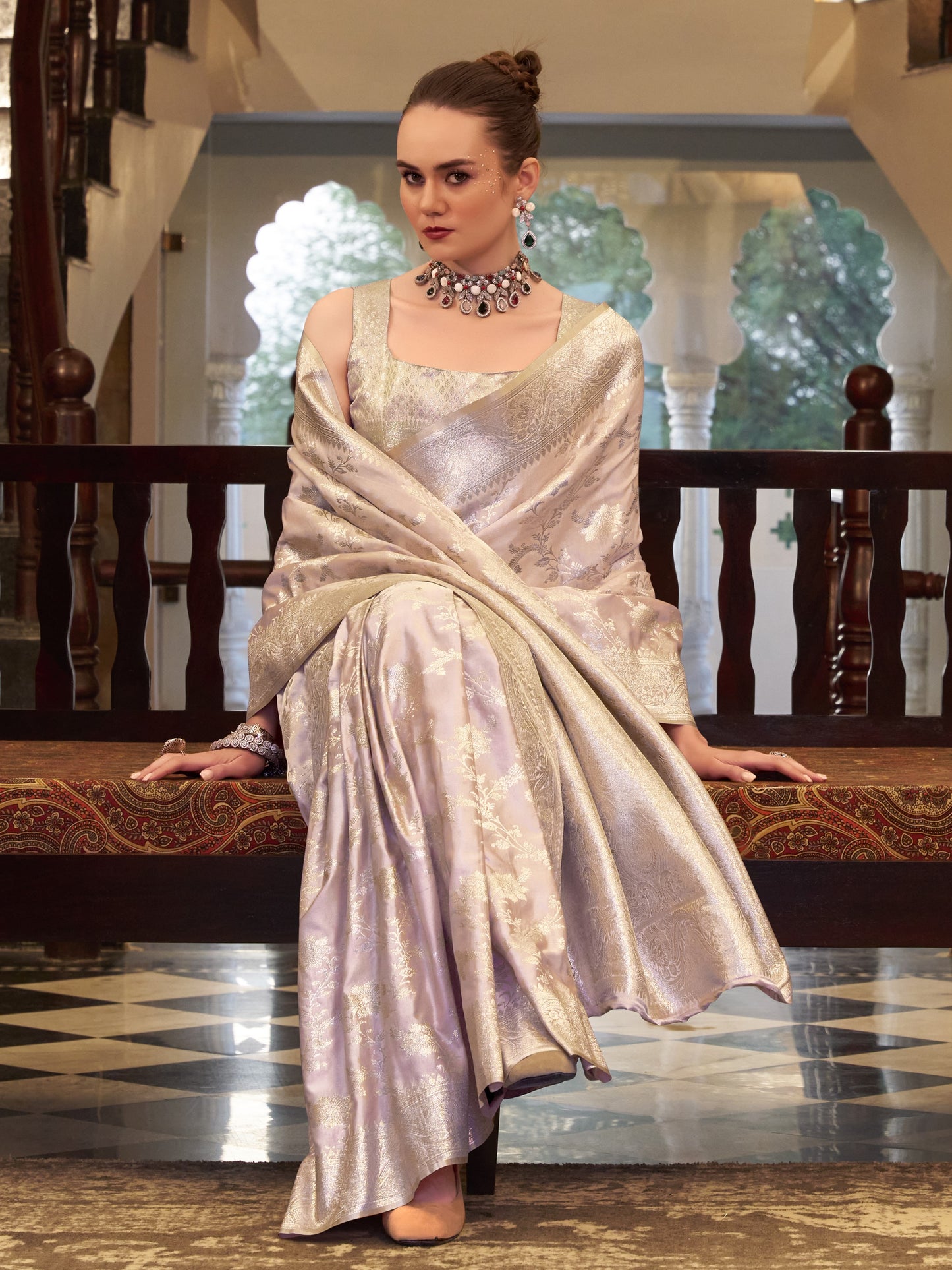 Pastel Pink Woven Banarasi Satin Silk Saree