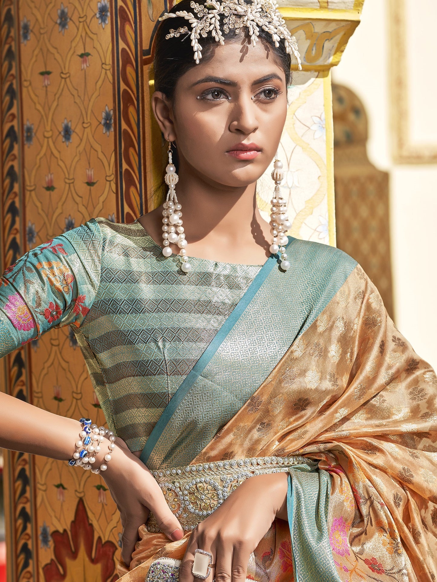 Sandy Brown Tissue Silk Saree