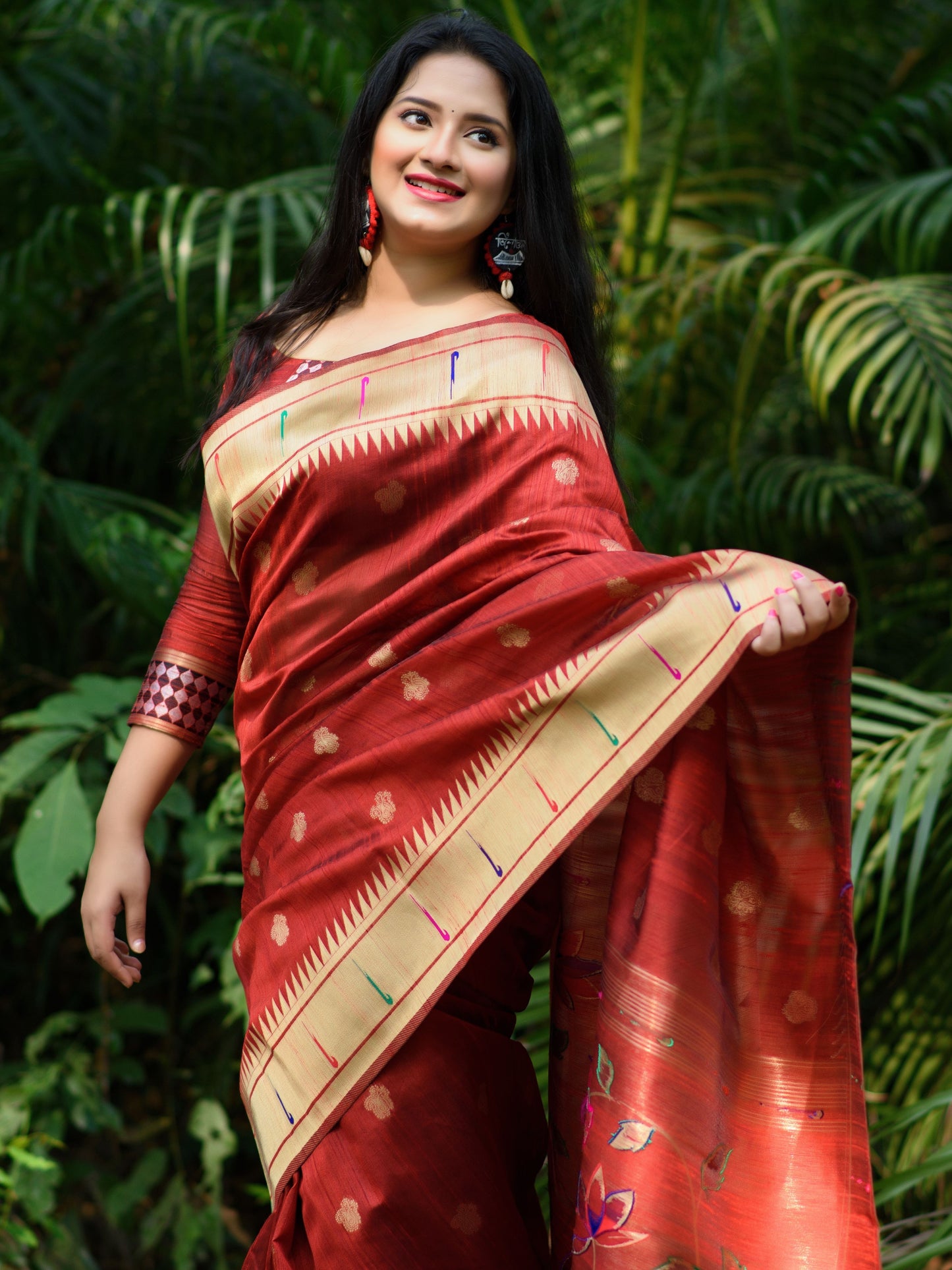 Brick Brown Tussar Silk Paithani Saree