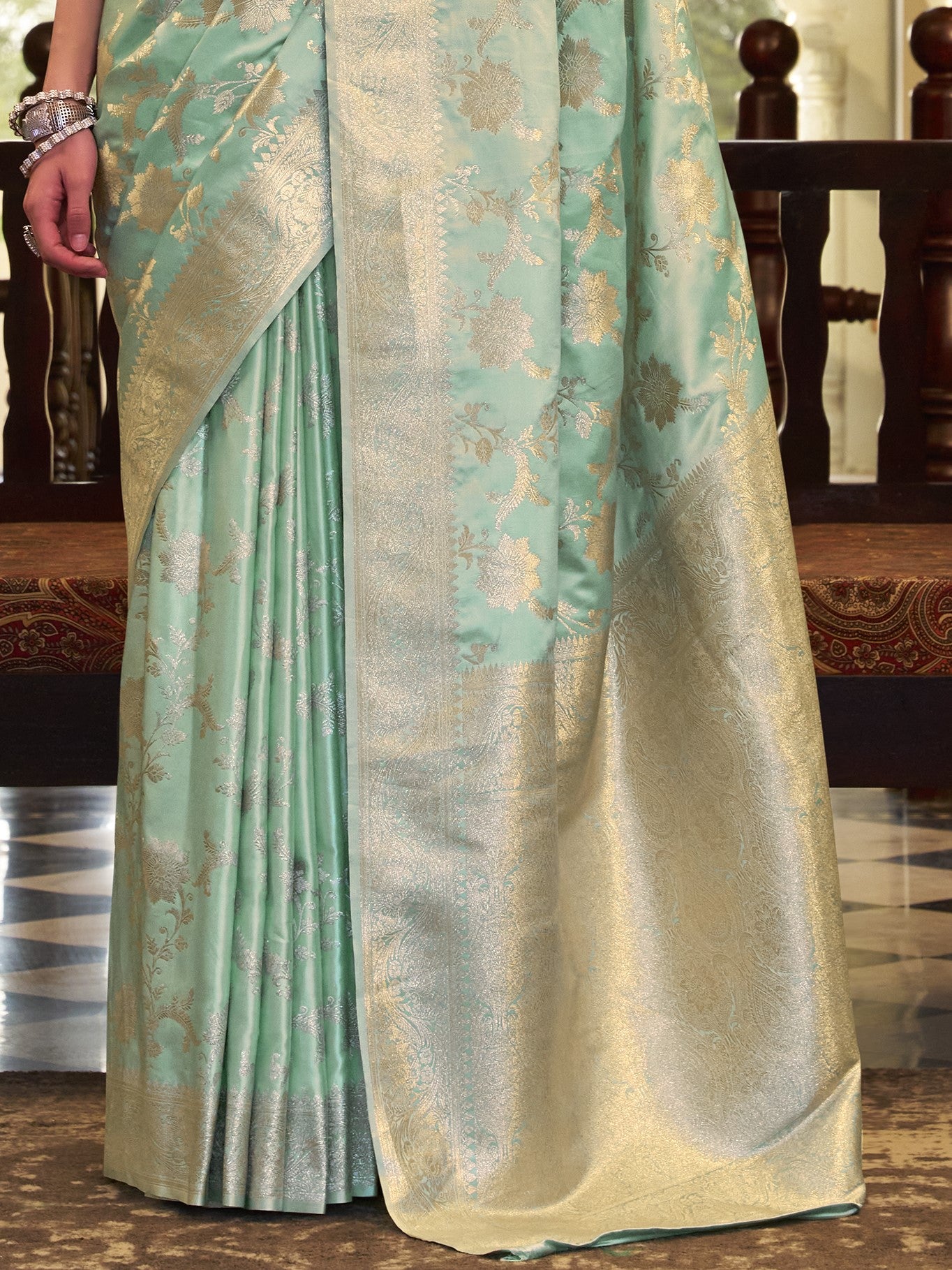 Aqua Green Woven Banarasi Satin Silk Saree
