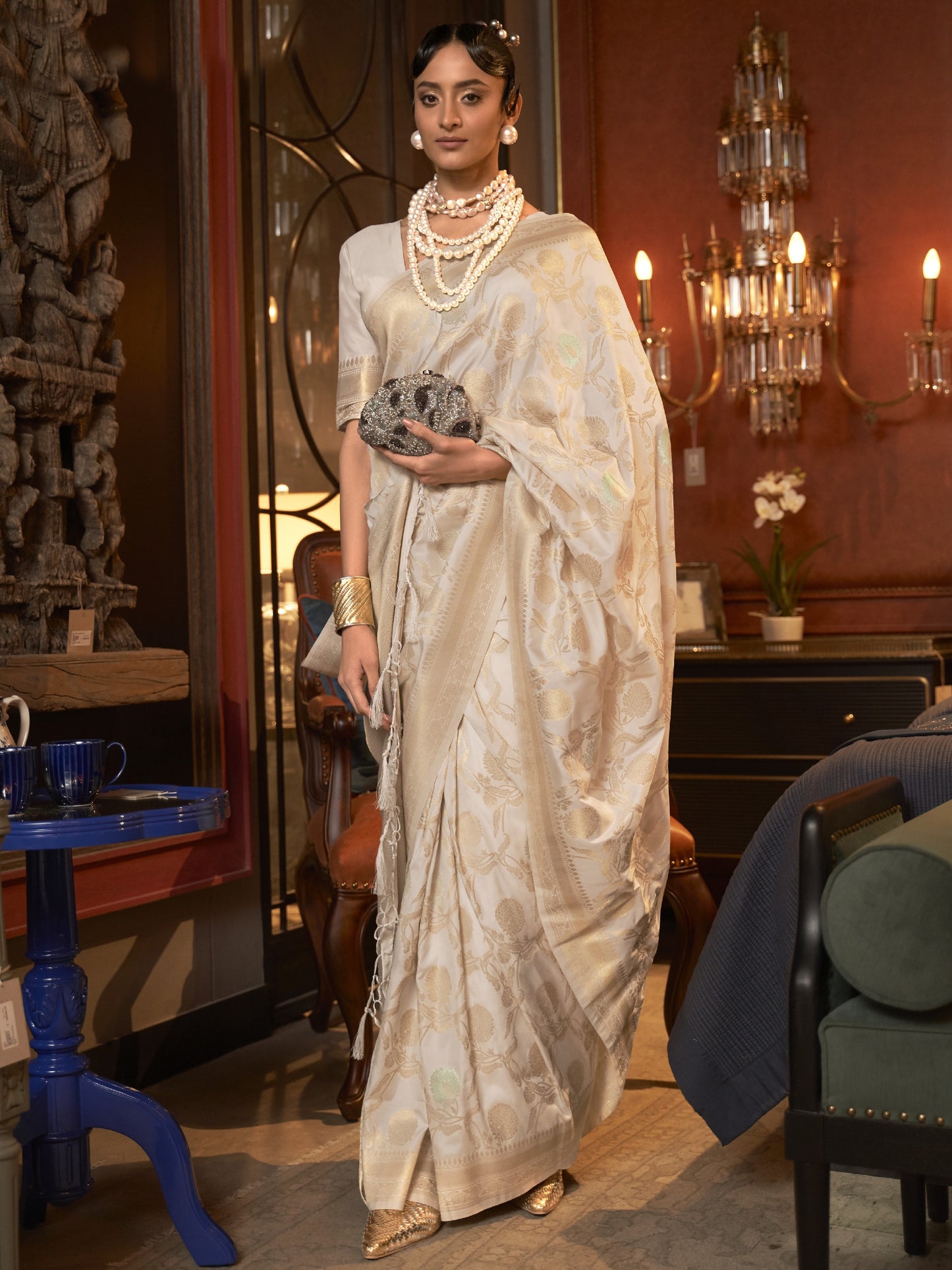 Snow White Woven Banarasi Saree