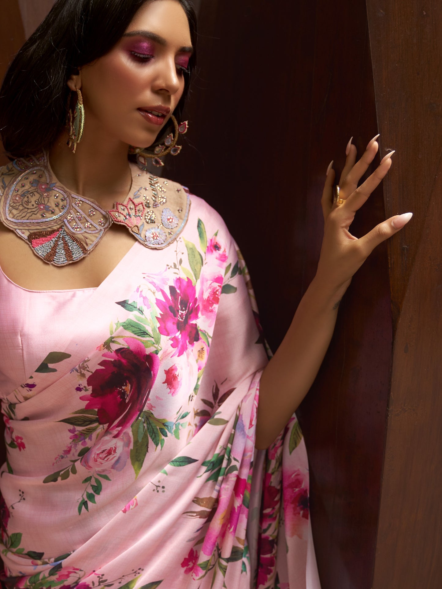 Powder Pink Digital Print Satin Crepe Saree