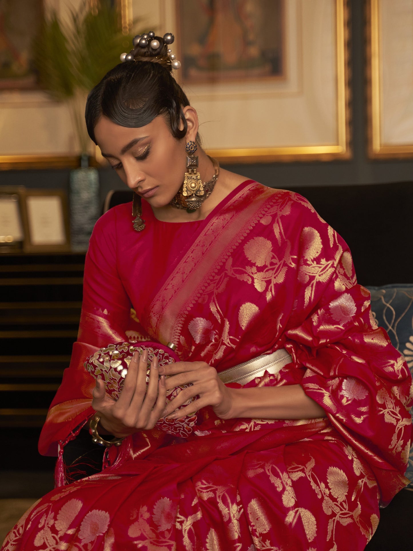 Carmine Red Woven Banarasi Saree