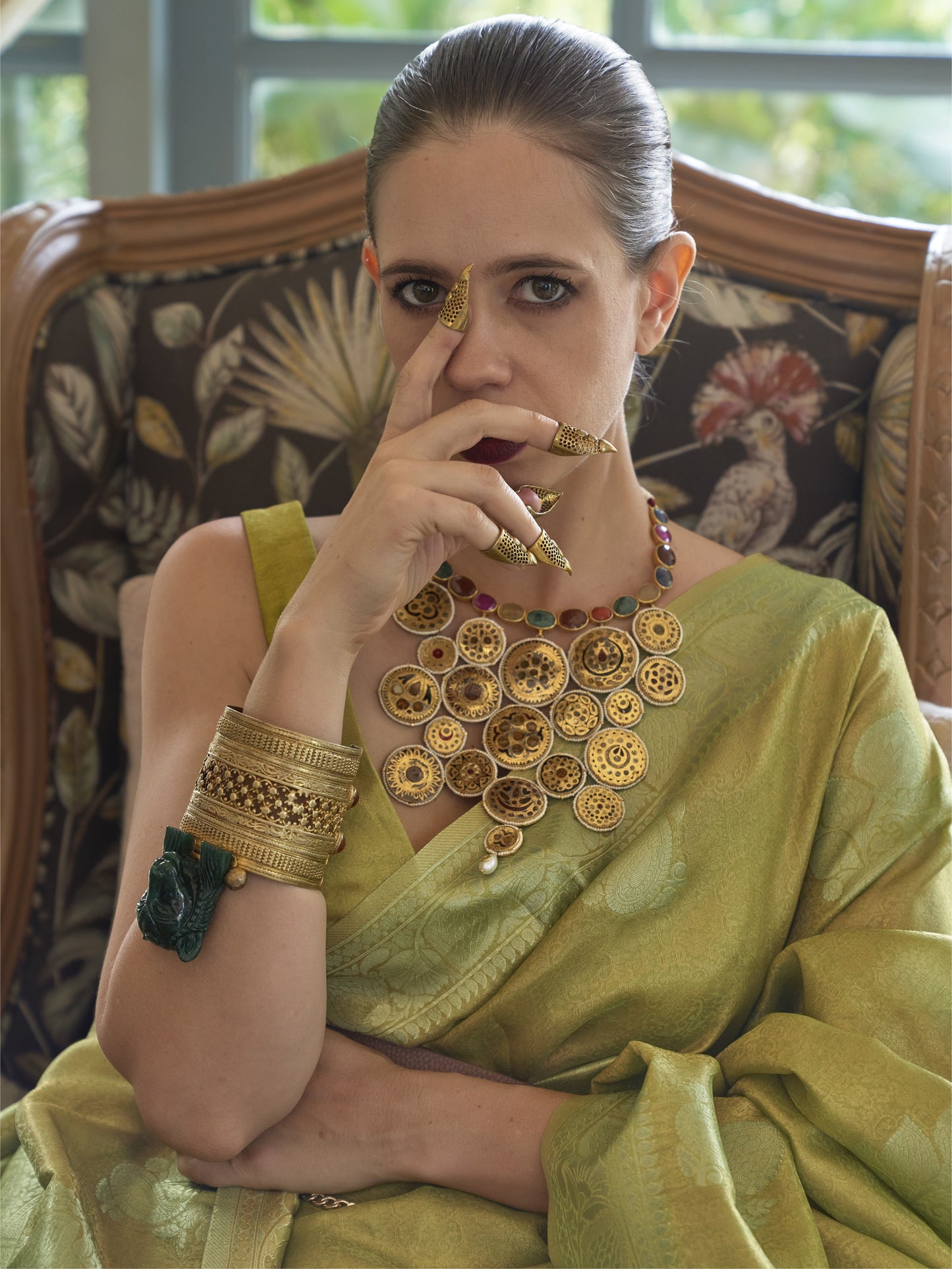 Citron Green Satin Tissue Silk Saree