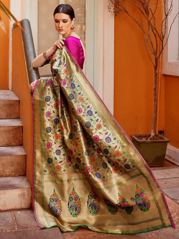 Beige Gold Pink Paithani Saree