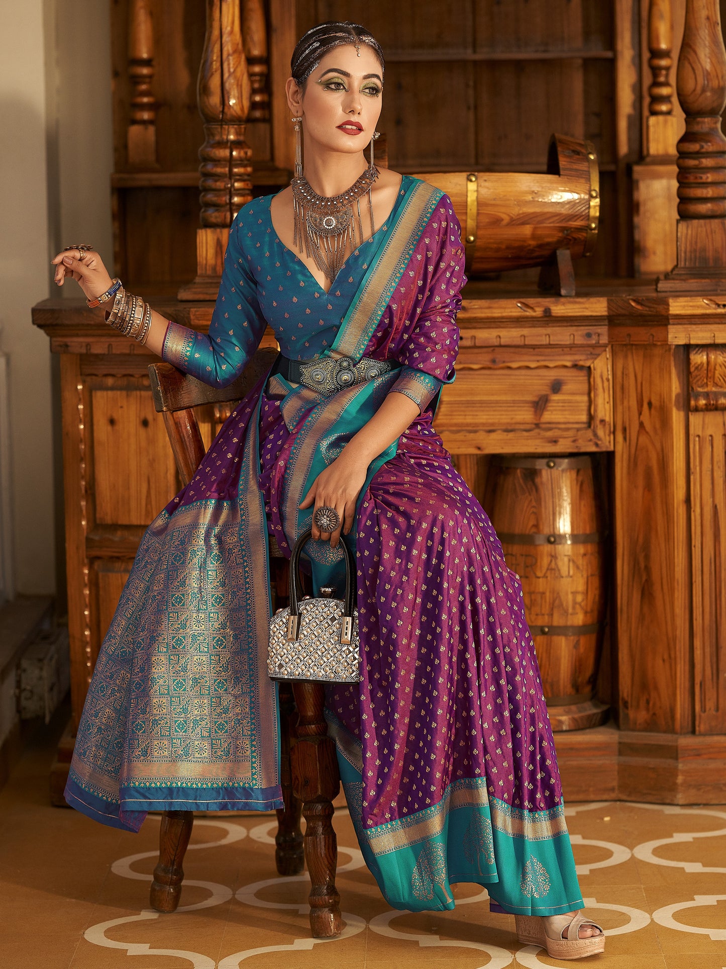 Plum Magenta Woven Banarasi Soft Silk Saree