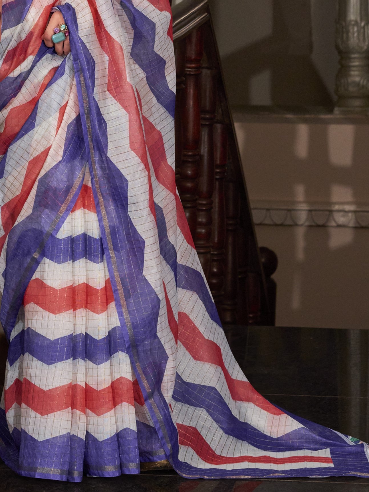 Blue & Pink Cotton Silk Saree