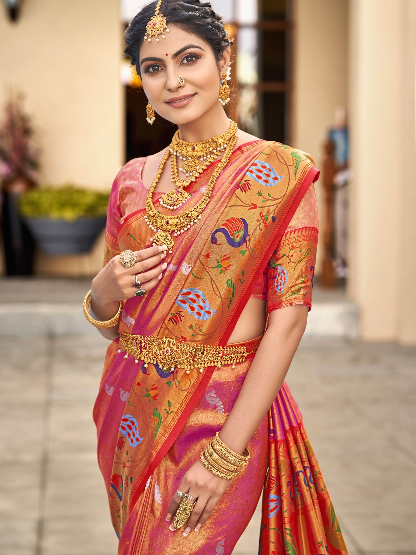 Coral Pink Paithani Saree