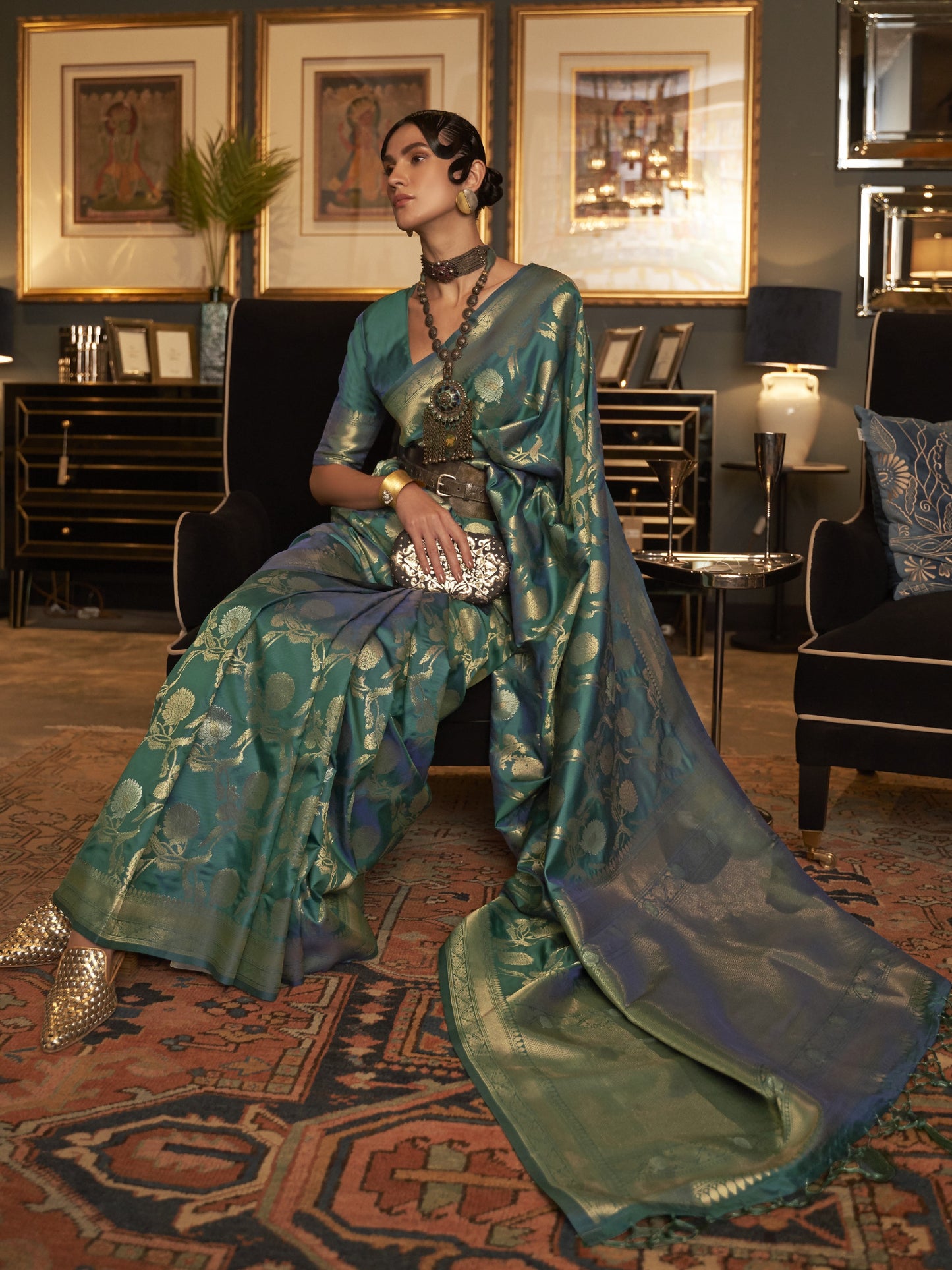 Turquoise Green Woven Banarasi Saree