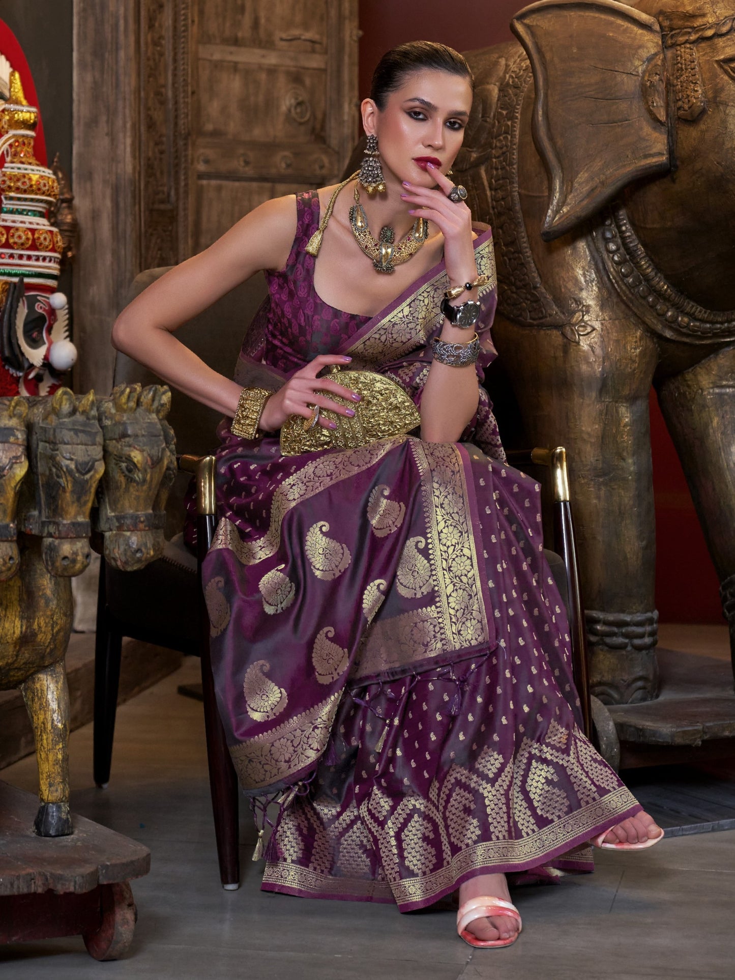 Deep Wine Woven Banarasi Satin Silk Saree
