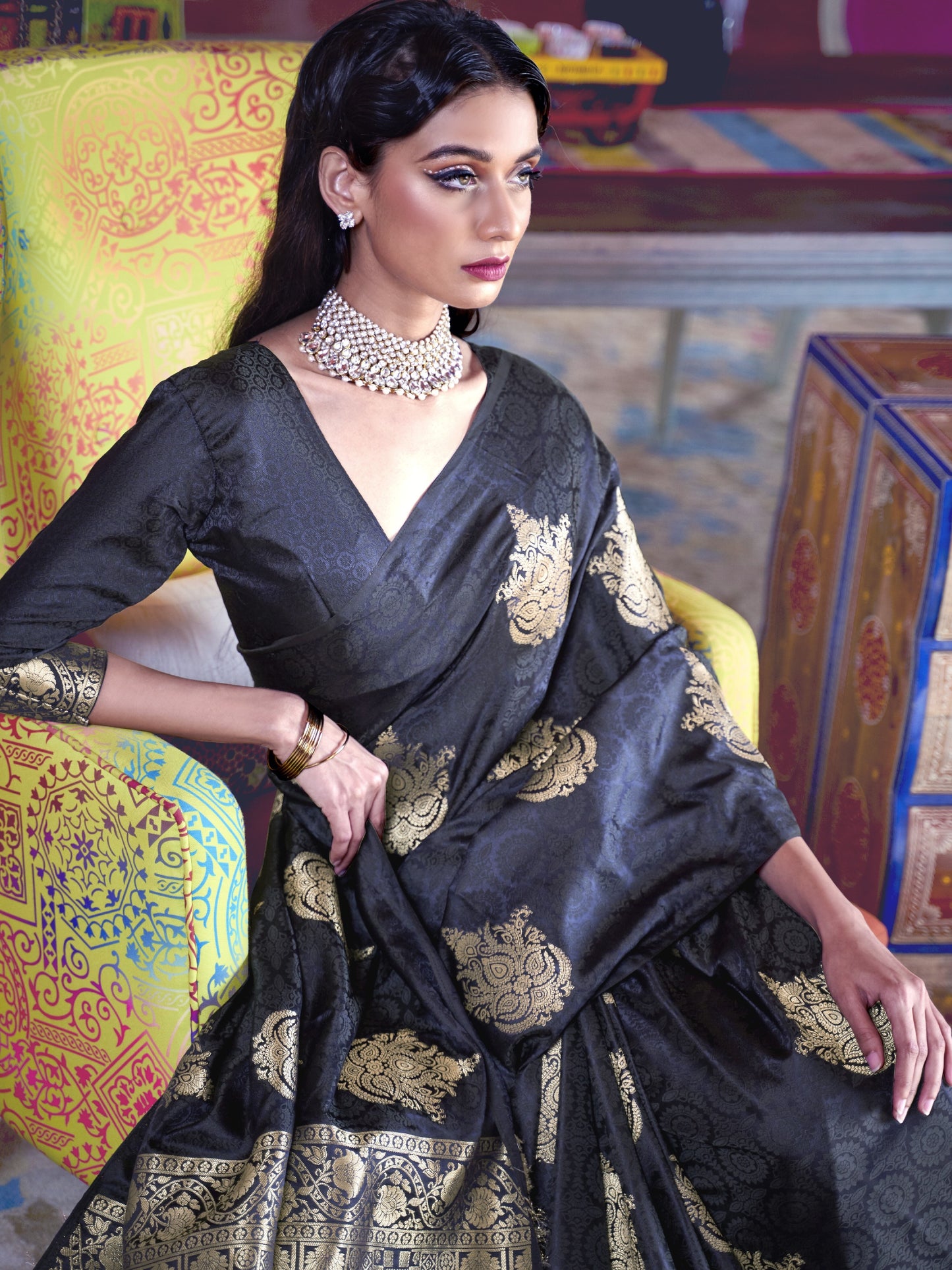 Midnight Black Satin Silk Banarasi Saree