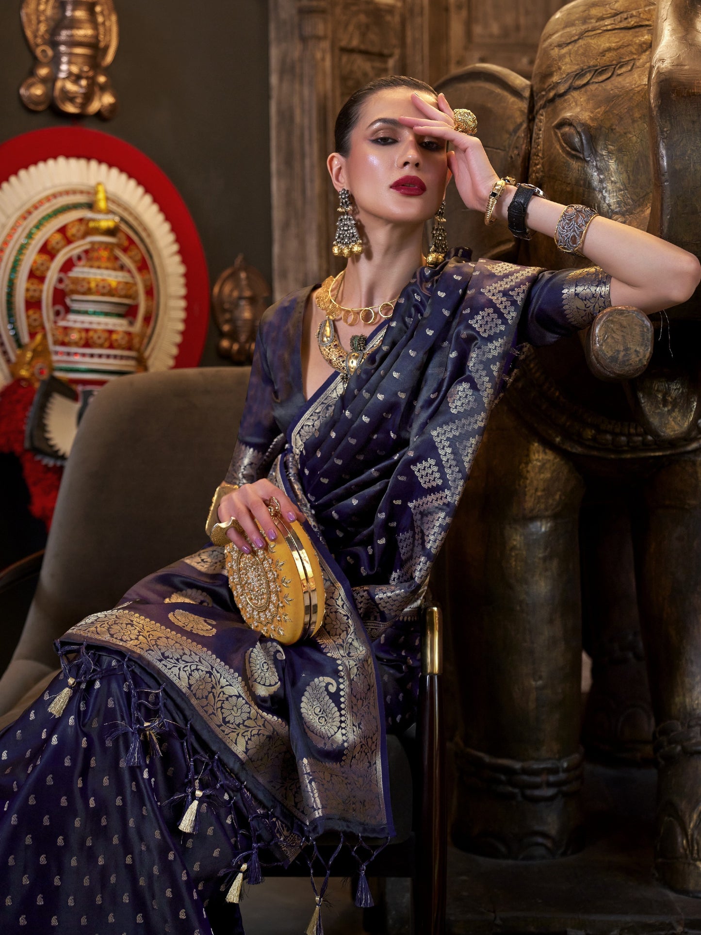Deep Navy Blue Woven Banarasi Satin Silk Saree