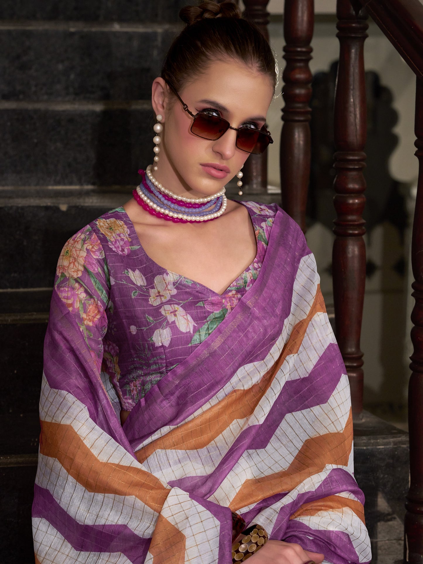 Purple & White Cotton Silk Saree