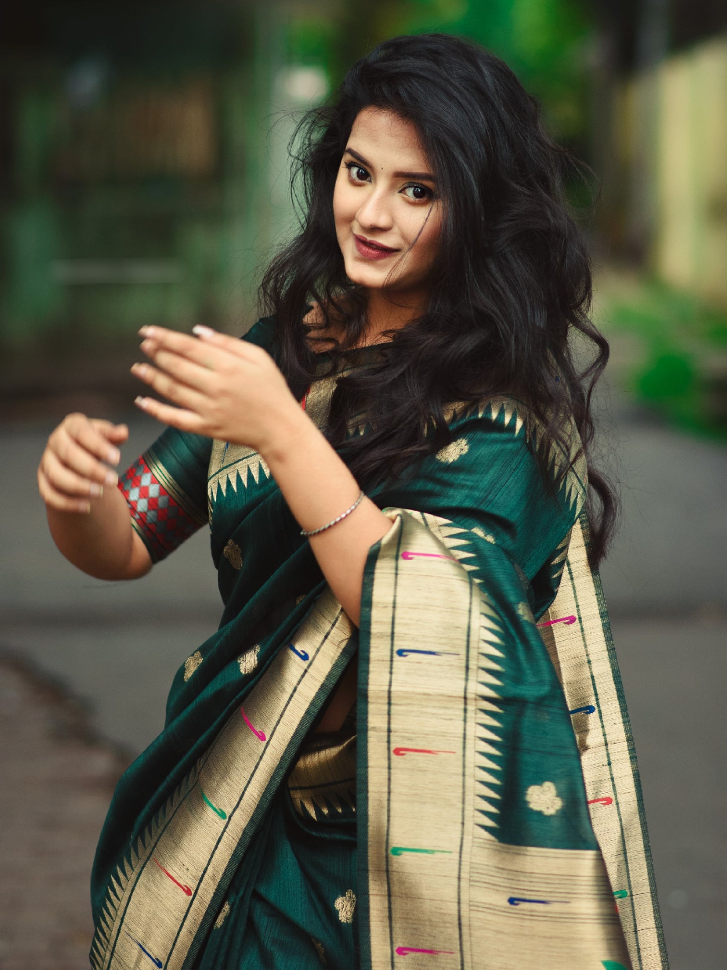 Forest Green Tussar Silk Paithani Saree