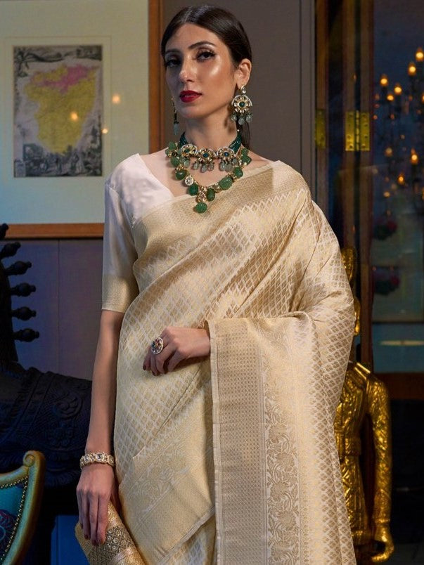 Pearl White Kanjivaram Saree