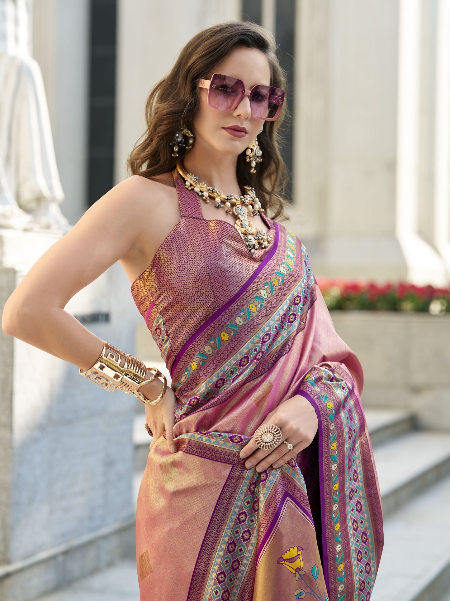 Golden Pink Banarasi Tissue Silk Saree