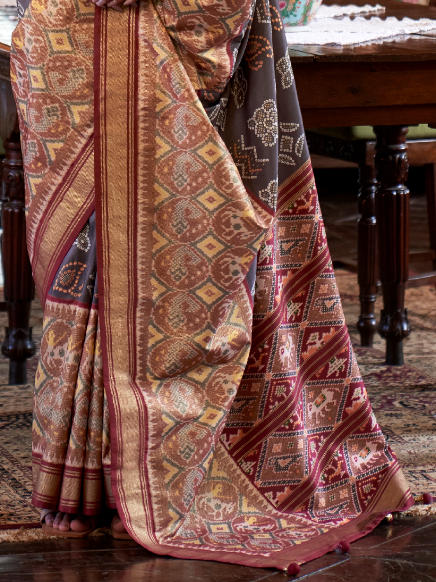 Ash Gray Woven Patola Tussar Silk Saree