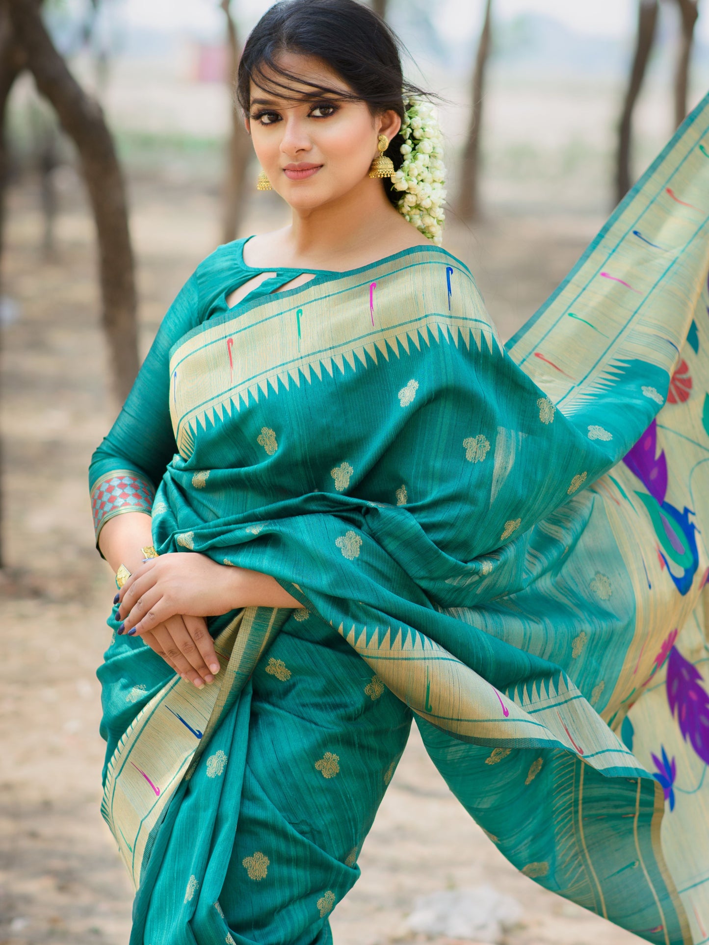 Ice Blue Tussar Silk Paithani Saree