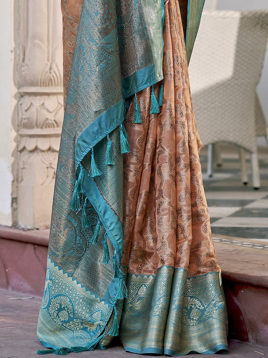Sandy Brown Tissue Silk Saree